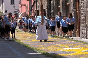 The scouts lead the local people and officials in the procession as they make their way around the town.
