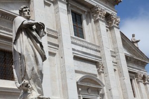 A life-size statue of the Patron Saint of Urbino, Saint Crescentino, is mounted at the foot of the stairs of the Duomo, the main church in Urbino.